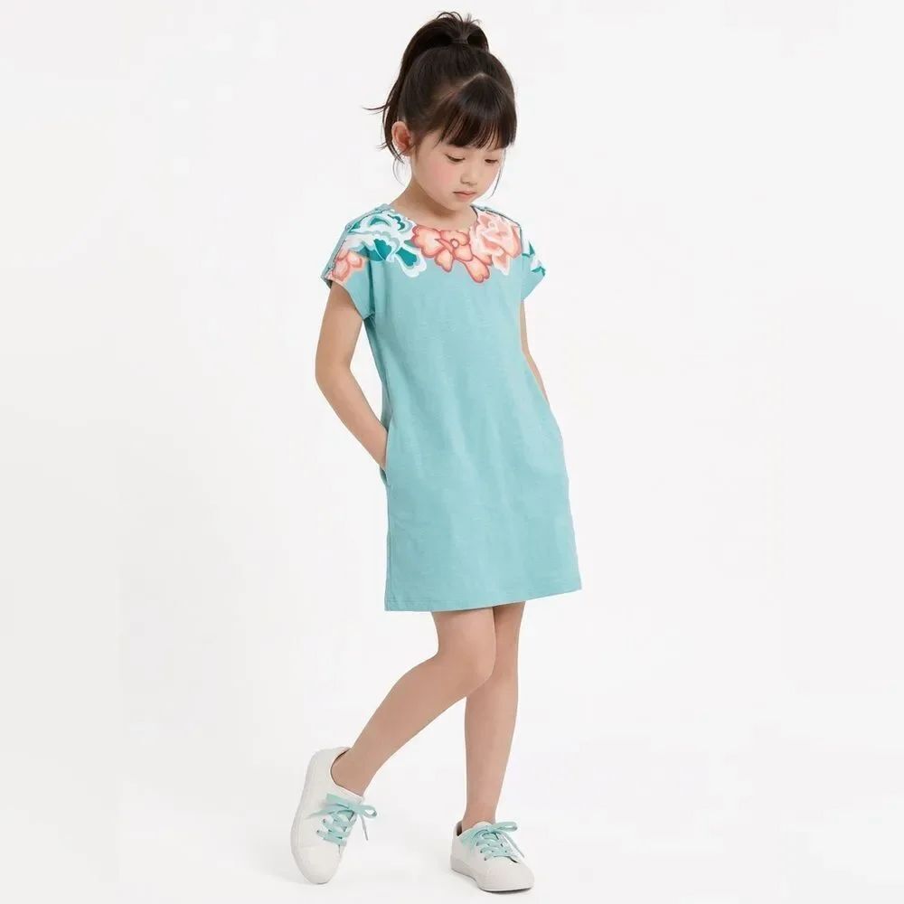 Tea Collection teal and peach floral short sleeve knit dress with pockets size 6